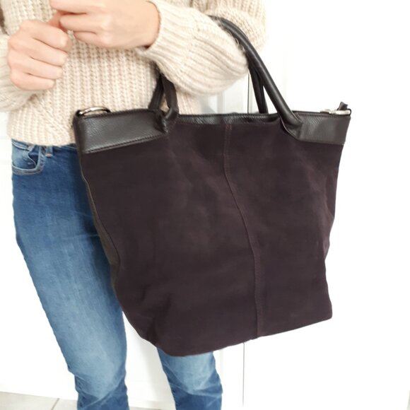Genuine Leather and Suede Large Hand Tote Bag/ Shoulder Bag Brown - Picture 5 of 9